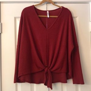 Garnet Red V-Neck High-Low Sweater